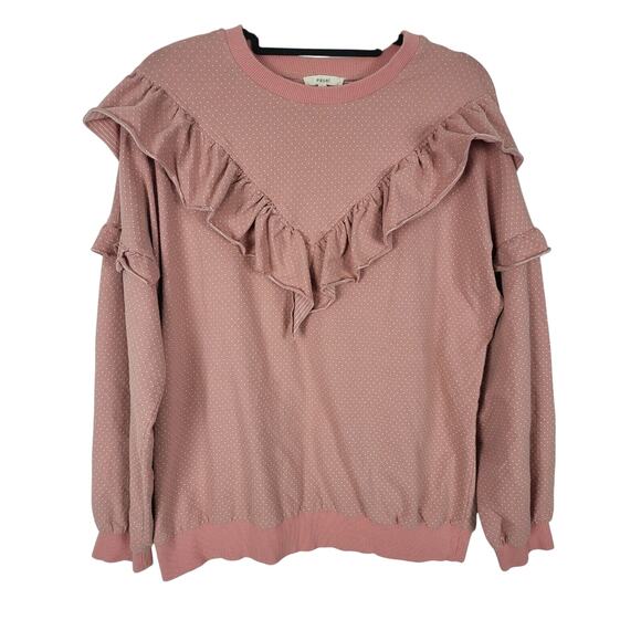 Easel Cottage Core Long Sleeve Top M Womens Pink White Polka Dot Ruffles - Picture 1 of 6